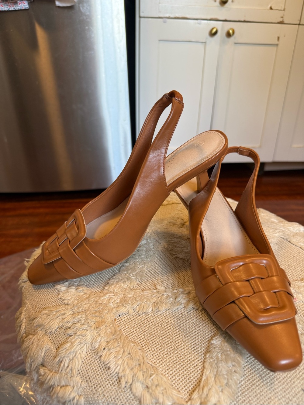Women's Tan Slingback Leather Pump with Woven Detail